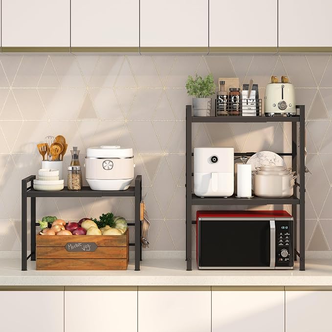 DOLALIKE Microwave Oven Rack, Expandable Microwave Stand Countertop Kitchen Utensils Tableware Storage, Carbon Steel Over Microwave Shelf Countertop with 3 Hooks | Adjustable Microwave Oven Rack Metal Storage Shelf with 3 Hooks for Pans Small Appliance... - Image 3