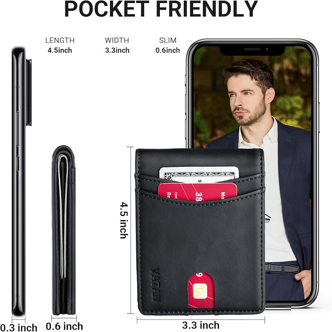 VATAN Wallet for Men Slim RFID Blocking Leather Credit Card Holder Wallet for 15 Cards, Bifold Minimalist Thin Wallet with 2 ID Windows & Cash Slot, With Gift Box (Crazy Horse Black) - Image 4