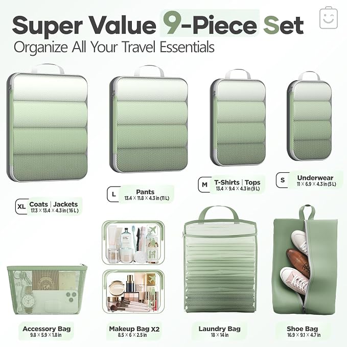 Veken 9/11 Set Compression Packing Cubes Garment Bags for Travel Essentials,Compressible Expandable Luggage Organizer Bags for Clothing,Space Saver Bags with Over 1000 pcs of Mesh Holes(Matcha Green) - Image 2