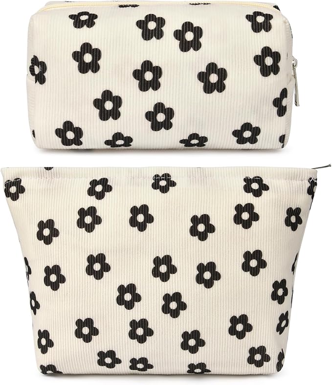 SOIDRAM 2 Pcs Makeup Bag Large Cosmetic Bag Toiletry Bag Makeup Pouch Travel Bag Organizer Cute Makeup Brushes Aesthetic Accessories Storage Bag for Women Black Floral Corduroy by SOIDRAM