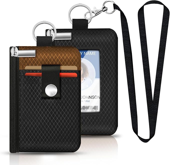 Minimalist RFID Blocking Small Wallet with ID Window,WaterResistant Zip Id Case Wallet with Lanyard Keychain for Cards,Cash,Travel,Women,Men (Black/Brown) - Image 6