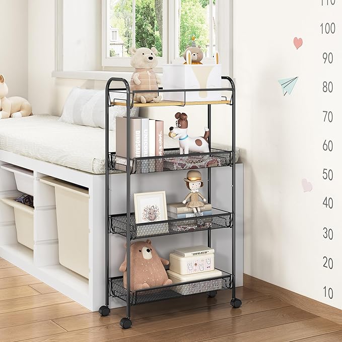 TOOLF 4-Tier Slim Rolling Cart, Metal Utility Cart, Slide Out Storage Cart with Wooden Tabletop and Mesh Baskets for Narrow Space on Kitchen Bathroom Laundry Room Bedroom Apartments Dormitory - Image 7