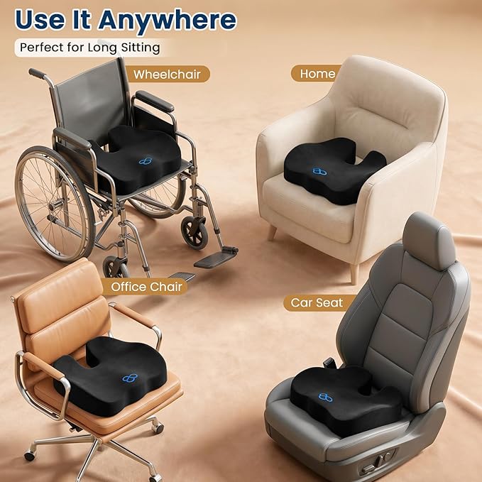 BlissTrends Memory Foam Seat Cushion for Office Chair & Car Seat, Black | 4.7in Ergonomic Tailbone & Sciatica Support with Removable Velvet Cover for Pressure Relief and Long Sitting Comfort - Image 6