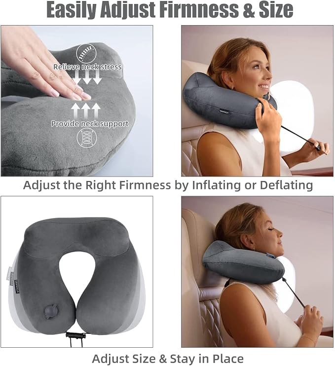 Inflatable Travel Neck Pillow for Airplanes, Super Soft Velvet Neck Support, Adjustable Firmness, Blow Up Plane Pillow for Long Flights, Road Trips, Travel Essentials with Eye Mask, Earplug - Image 5