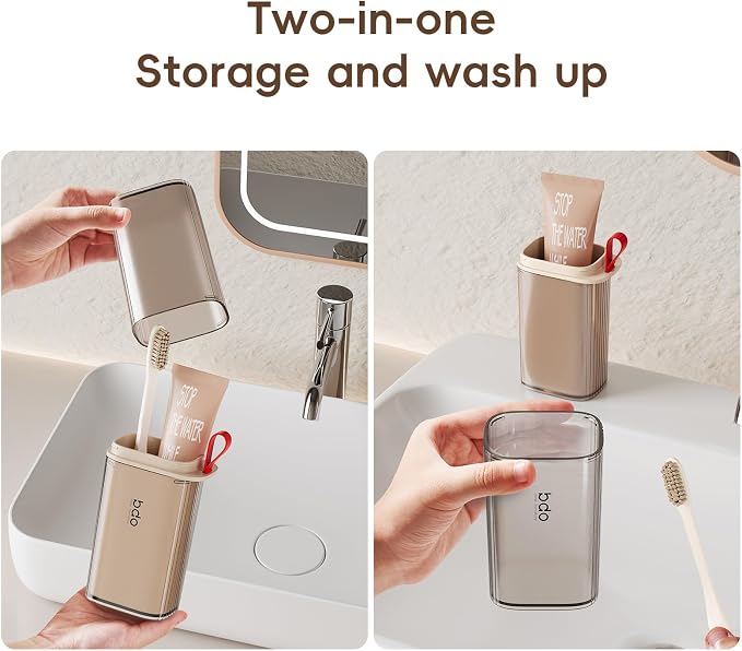 Topavatop Toothbrush Travel Case, 2 in 1 Toothbrush Holder and Rinse Cup, Large Capacity Toothbrush Cup with Cover, Portable Travel Toothbrush Holder for Traveling, Camping, Trip - 1Pcs - Grey&White - Image 2