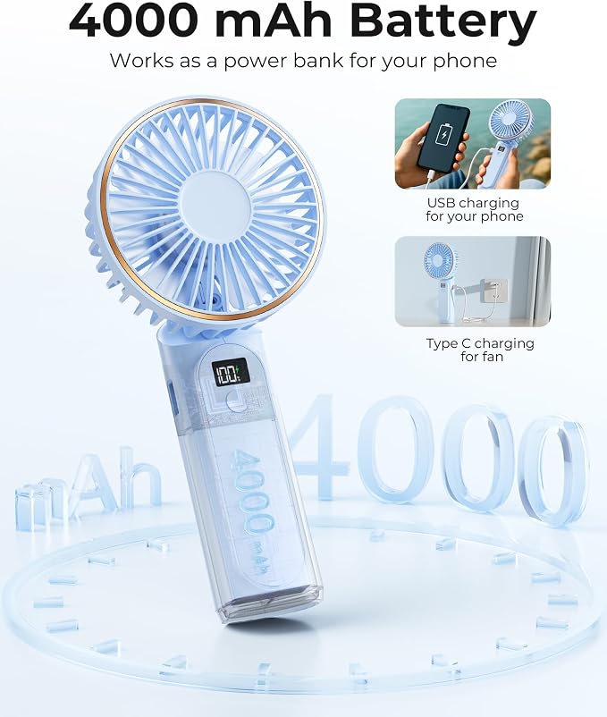 TUNISE Portable Handheld Fan, Portable Fan Rechargeable, 4000mAh, 180° Adjustable, 6 Speed Wind, Display Electricity in Real Time, USB Rechargeable Foldable Fan, Quiet Personal Fan as Power Bank - Image 4