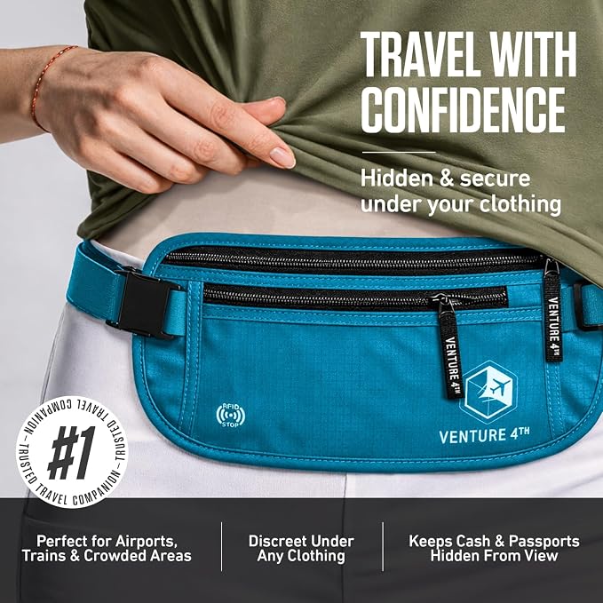 VENTURE 4TH Travel Money Belt, RFID Blocking Passport Holder - Blue - Image 4