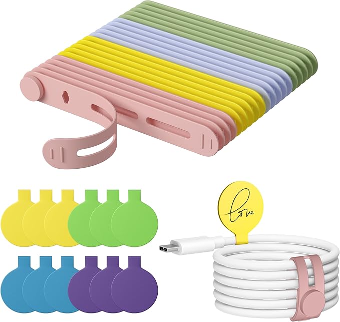 32Pcs Cable Labels and Silicone Cable Ties Set for Electronics | 20 Cable Ties+12 Cord Labels for Organizing Wires and Identification, Reusable Cable Management Set, Multicolor by ELECTRONICSORGANIZATION