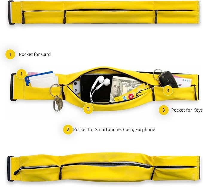 Running Belt for Men Women, Water-resistant Fanny Pack with 3 Zipper Pockets & Reflective Safety Strips, Adjustable Waist Pack Jogging Pouch for Phone, Keys & Essentials (Yellow, Small) - Image 2