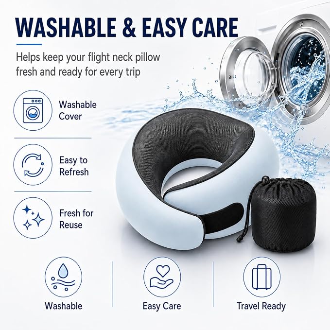 Travel Neck Pillow for Airplanes, Pure Memory Foam Neck Pillow with Washable Cover and Storage Bag, Ergonomic 360° Support for Sleeping, Car, Office, Home, Black - Image 4