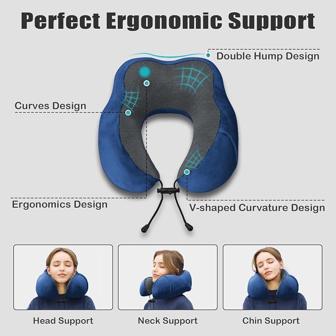 Airplane Travel Neck Pillow, 100% Memory Foam Ergonomic Neck Support, Airplanes Neck Pillow with Washable Cover Travel Essential for Flight Car & Office Includes Eye Masks, Earplugs & Carry Bag (Blue) - Image 2