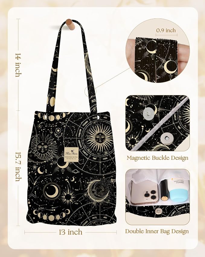 Miss Adola Corduroy Tote Bag for Women with Aesthetic Design | Magnetic Buckle & Pocket, Reusable, Soft, Roomy, Long Shoulder Handles, Double-sided Print, Casual Daily Work, Grocery Bags - Image 5
