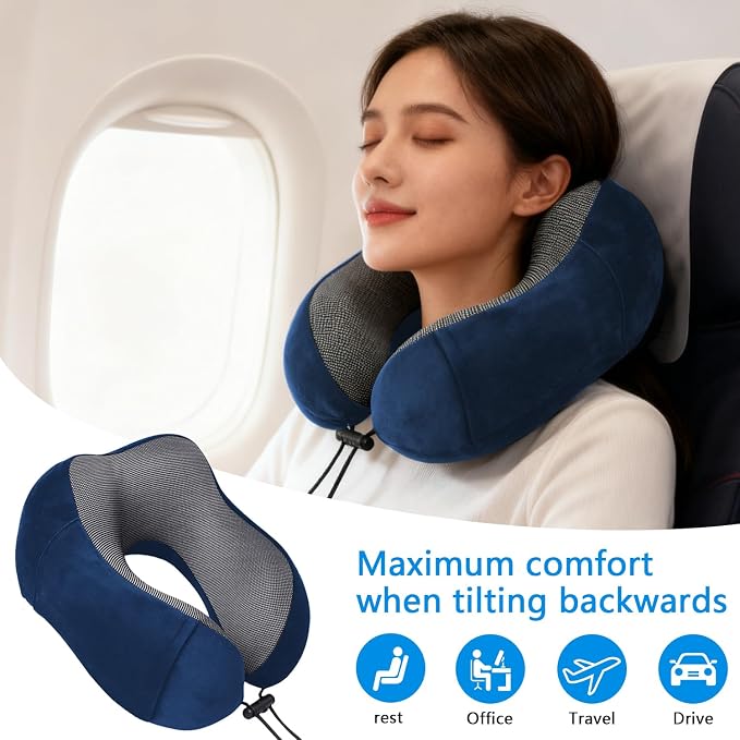 Airplane Pillow, Travel Neck Pillow with Memory Foam - Adjustable Buckle & Machine Washable Cover for Neck Support, Includes Eye Mask & Ear Plugs(Blue) - Image 3