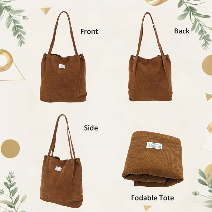UERRUAM Corduroy Tote Bag for Women with Inner Pockets, Cute Go-to Bag | Slouchy Shoulder Bag for Everyday, Work, Books, Beach & Grocery Shopping, Lightweight Washable Foldable, Cloth Purse - Image 3