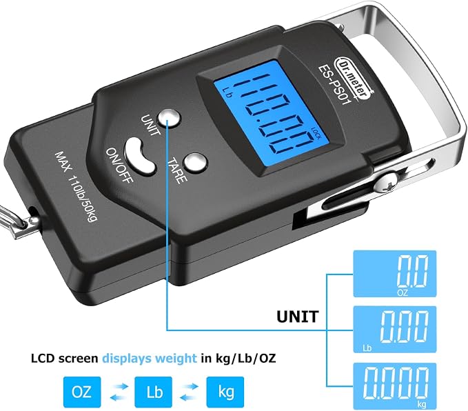 Dr.meter Fish Scale, 110 lb Digital Luggage Scale with Tape | 110 lb Capacity, Backlit LCD, Built-In Tape, Includes 2 AAA Batteries, Compact Pocket Size - Image 6