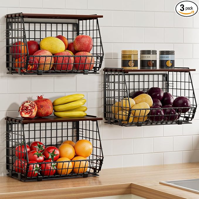 Hanging Fruit Basket for Kitchen, 3 Pack Vegetable Produce Basket | Wall Mounted & Countertop Wire Storage Basket for Potato Onion Fruits Vegetables, Pantry Organizers Storage by GGIU
