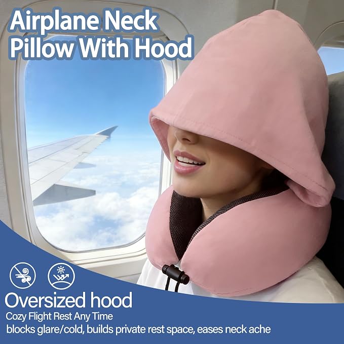 Travel Neck Pillow with Hood Memory Foam for Airplane | Ergonomic Neck Support,Adjustable Drawstring,Light Blocking Design,Removable Cover,Long Flight Comfort,Black - Image 3