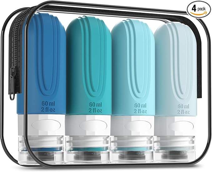 Mrsdry Travel Bottles for Toiletries, Tsa Approved 2oz Travel size Bottles, BPA Free Leak Proof Travels Toiletry Containers, Traveler Accessories with Toiletry Bag for Shampoo Liquid (4 Pack) by Mrsdry