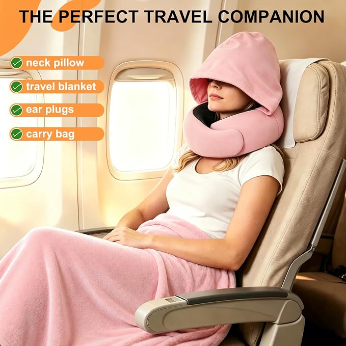 Travel Pillow and Blanket Set for Airplane, Hooded Memory Foam Neck Pillow | Soft blanket, privacy hood, earplugs, carry bag and memory foam neck support for airplane travel, long flights and road trips - Image 2