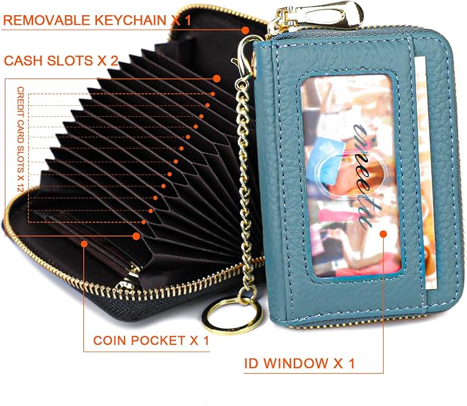 imeetu RFID Credit Card Holder, Small Card Wallet Women, Leather Card Case | Genuine Leather Women's Card & id Cases, Change Coin Purse with Zipper Keychain id Window, 20 Colors & 3 Styles, Daily, Gifts - Image 3