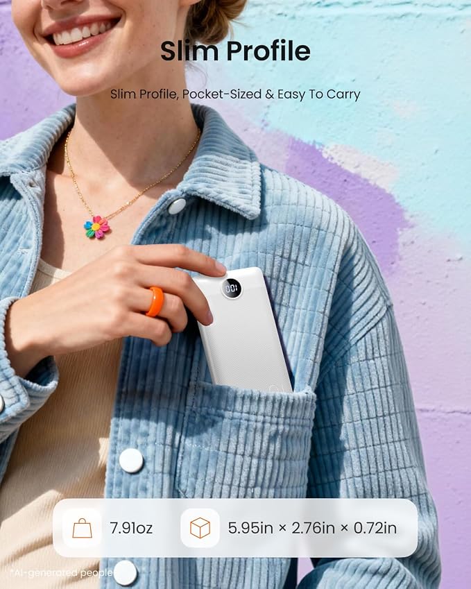 Portable Charger with Wall Plug, Slim USB C Power Bank with Built-in Cables, 10000mah LED Display External Battery Pack Compatible with iPhone/Android & More(White) - Image 4