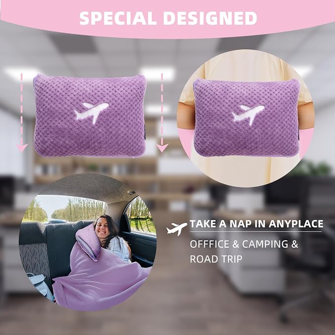 3 in 1 Travel Blanket Pillow Set - 350 GSM Thick Travel Blanket Airplane Compact with Bag, Soft Bag with a Pocket, Inflatable Travel Pillow for Camping & Car Trip (Violet) - Image 5