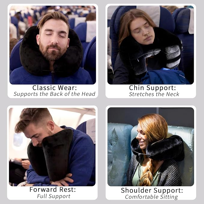 H-Shaped Travel Pillow with Snap-On Hood – Ergonomic Neck Support with Plush Velvet Cover, Instant Inflation & Compact Bag – for Airplane, Car, Office & Long Trips (Black) - Image 2