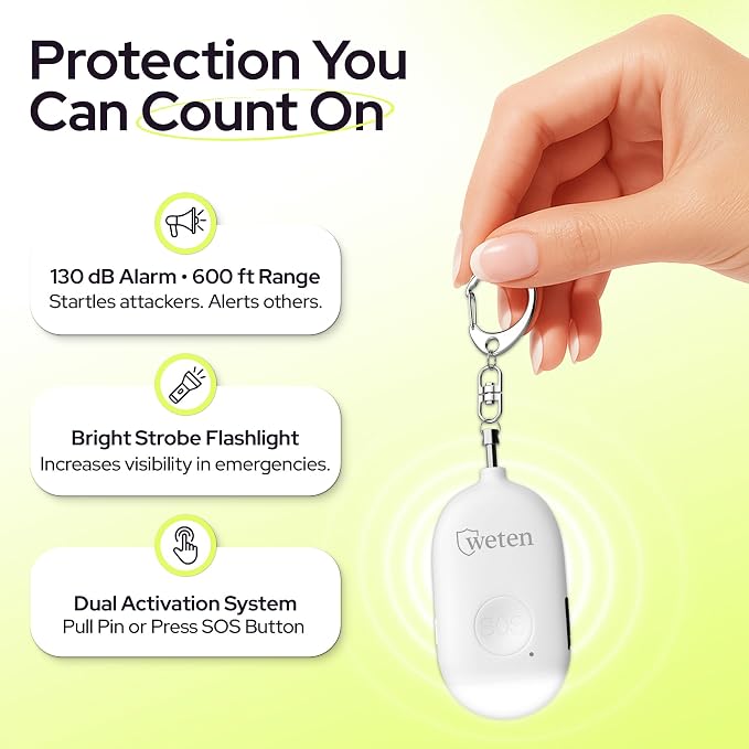 Rechargeable Personal Alarm Keychain, 130dB Siren, LED Light, White | Stylish Personal Safety Alert for Women to Carry, Panic Button Alarm for Security - Image 2