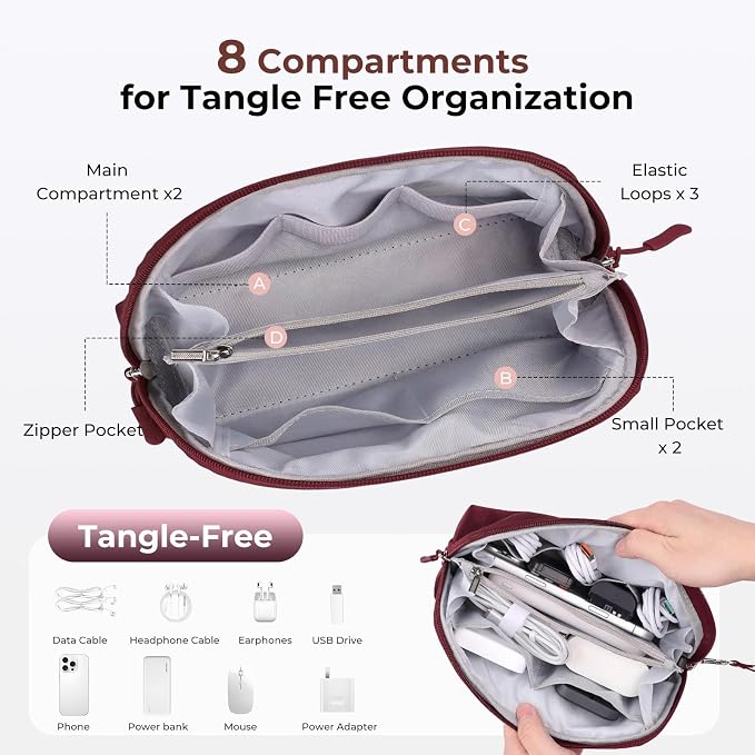 FYY Travel Cable Organizer - 8 Compartments, Lightweight, Water Repellent | With Wrist Strap, Portable Tech Pouch for Cord Charger, Travel and Business Trips Use, Soft Shell Nylon, Wine Red (Large) - Image 4