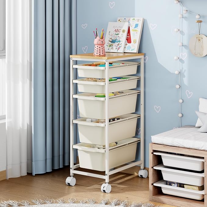 KINGBOARD Slim Rolling Cart with 5 Drawers, Metal Utility Storage Cart | Wooden Tabletop, Lockable Wheels, Table Side Trolley for Bedroom, Children's Room and Office Organization, White - Image 9