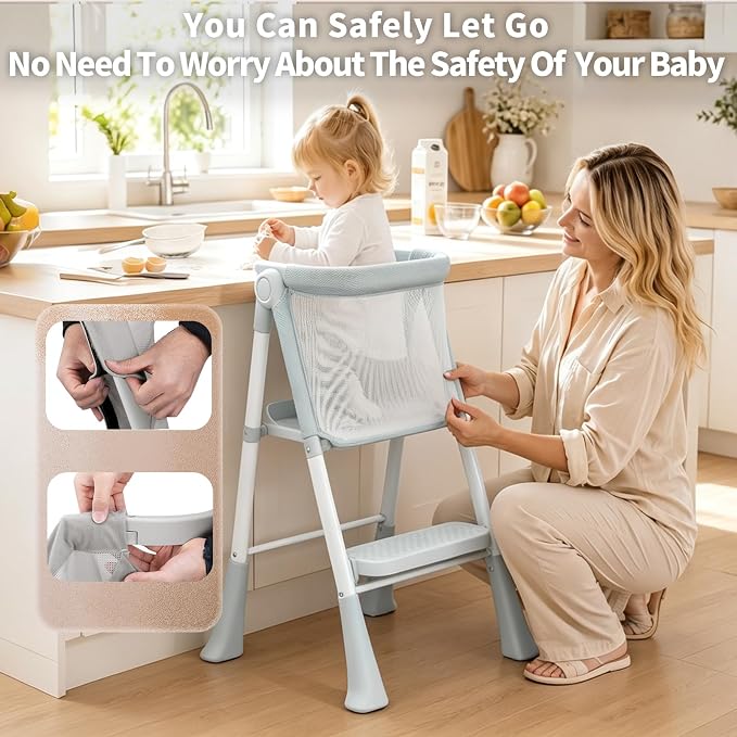 Foldable Toddler Standing Tower, Kitchen Helper Stool for Kids 1.5-6 Years | Safety Rail & Net Foldable Design Non-Slip Stable Easy Clean Portable Space Saving Storage Quick Assembly Montessori Grey - Image 6