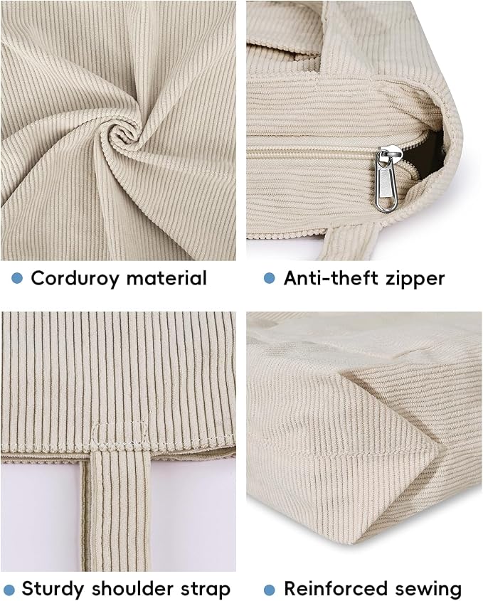 Iioscre Corduroy Tote Bag for Women,Hobo HandBags with Zipper | Large Capacity Casual Shoulder Bag with Inner Pockets for Shopping Work Daily Travel. - Image 7