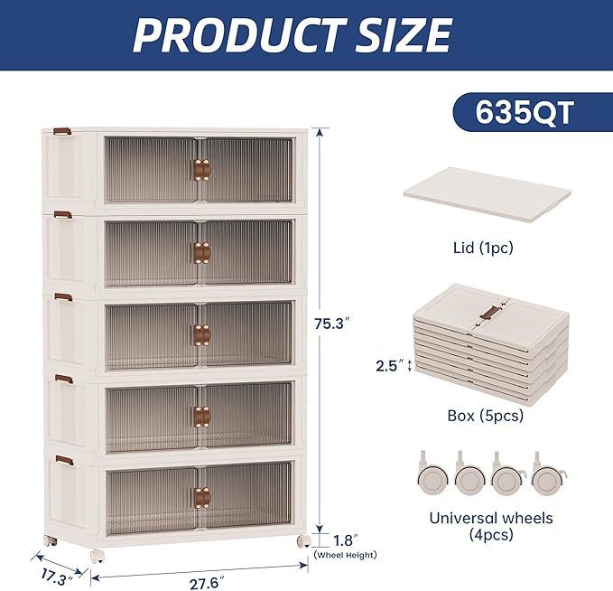 SAILUN 635Qt Stackable Storage Bins,Storage Cabinet a Lid,5Pack Blush White | Stackable Storage Drawers with Lids,28" W x 17" D x 75" H,Featuring open-front Access for Clothes and Closet Storage - Image 5