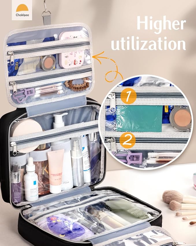 Travel Hanging Toiletry Bag for Women - Waterproof Cosmetic Organizer with Clear Window, Lightweight Bathroom Bags for Essentials, Makeup, Shampoo, Toiletries Black,Large - Image 4