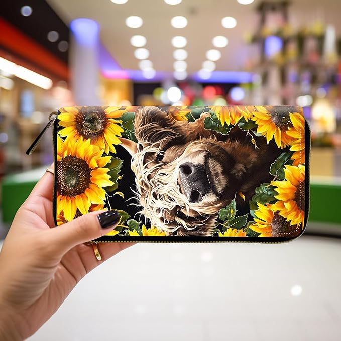 Wallet,Leather Long Wallet Suitable For Ladies And Teenagers - Detachable Wristband + RFID Travel Wallet With Card Slot - Highland Cow Sunflower - Image 4