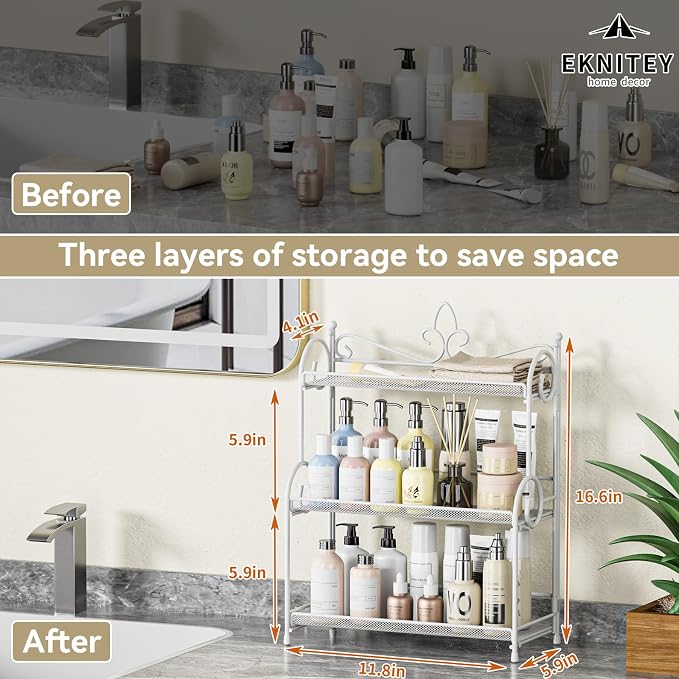 EKNITEY 3-Tier Bathroom Organizer - Sink Organizer Spice Rack(No Assembly) | for Bathroom Kitchen Bedroom Countertop Storage, Sturdy Metal Frame, Easy to Clean, Space-saving, Foldable, White - Image 6