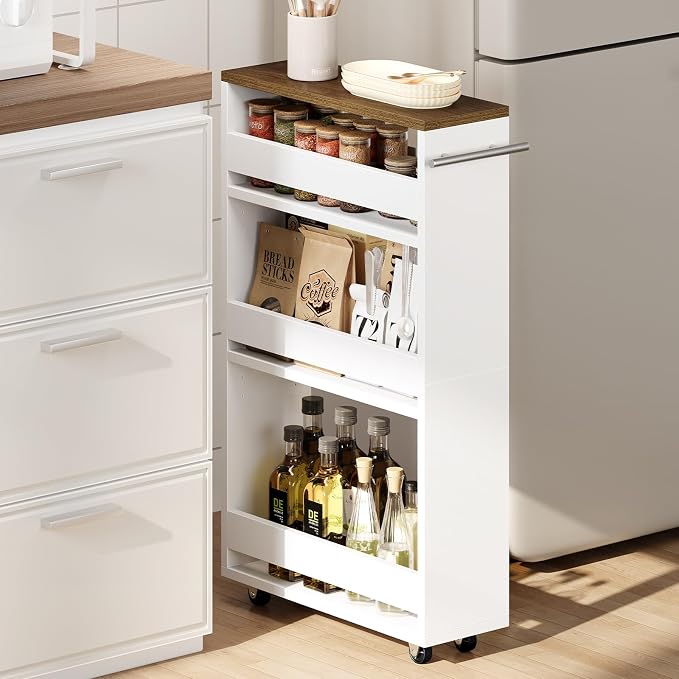 Yoobure 4-Tier Slim Storage Cart - Narrow Rolling Cart on Wheels, Slide Out Utility Carts with Adjustable Shelves, Organizer Trolley with Handle & Flip Top for Kitchen, Bathroom, Laundry, Small Spaces by Yoobure