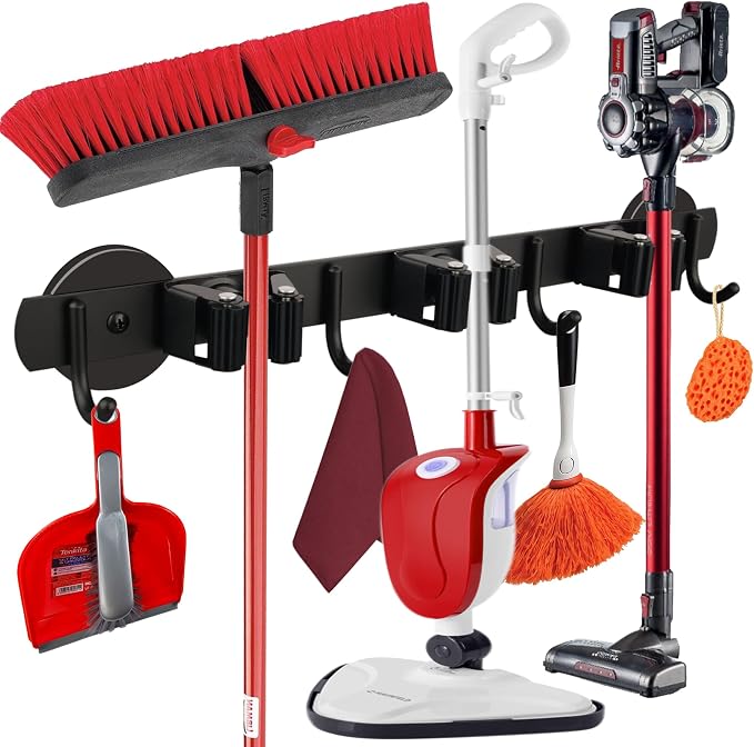 ULIBERMAGNET Magnetic Mop Broom Holder,Heavy Duty Movable Magnetic Broom Holder Rack,Anti-slip Wall Mounted Utility Storage Mop Shovel Hanger for Garage, Kitchen, Laundry, Garden(3 Racks / 4 Hooks) by ULIBERMAGNET