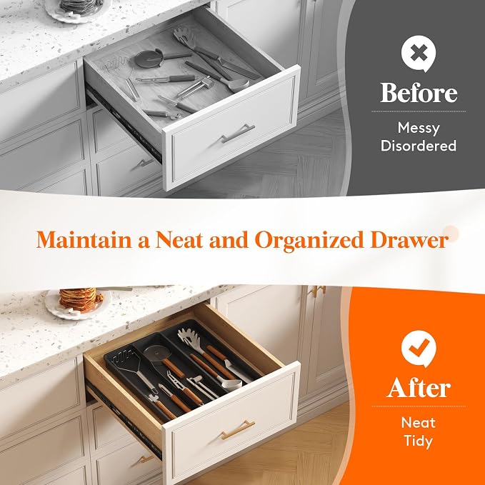 Lifewit Utensil Organizer for Kitchen Drawer, Expandable Cooking Tray | Adjustable Cutlery Flatware Holder, Plastic Silverware Spatula Tools Storage Divider, 8.9-14.4 x 15.8", Black - Image 8