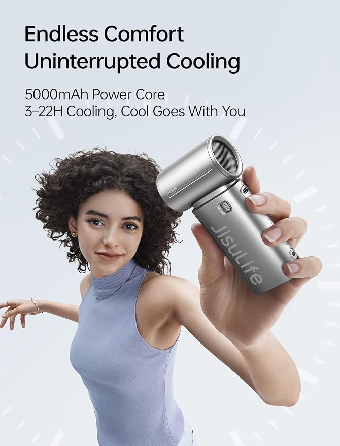 JISULIFE Handheld Fan Life9S - Sleek Chrome: Turbo Power, 22 Hours Cooling | LED Display, 5000mAh, 5-Speeds, Mini Portable Fan for Travel, Cruise, Concerts, Trendy Gifts for Women Men -Silver - Image 3