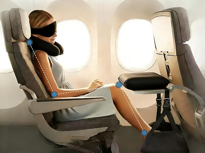 Portable Travel Sleep Comfort Set for Plane 2 Inflatable Travel Pillows,Foot Rest Hammock,Eye Mask Ear Plugs for Airplane Flight Essentials for Seat Airplane Gadgets for Sleep Comfort Kit - Image 2