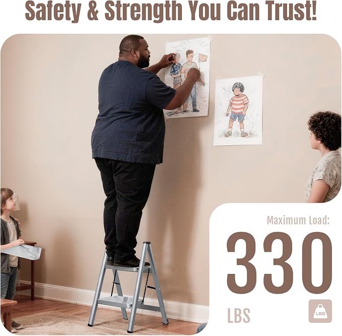2 Step Ladder, Steel Folding Step Stool with 330lbs Heavy Duty | Anti-Slip Wide Pedal | 1.9" Slim Fold | Ideal for Bathroom Sink, Bed Step Stool, Kitchen Counter & Plant Shelf Display - Image 3