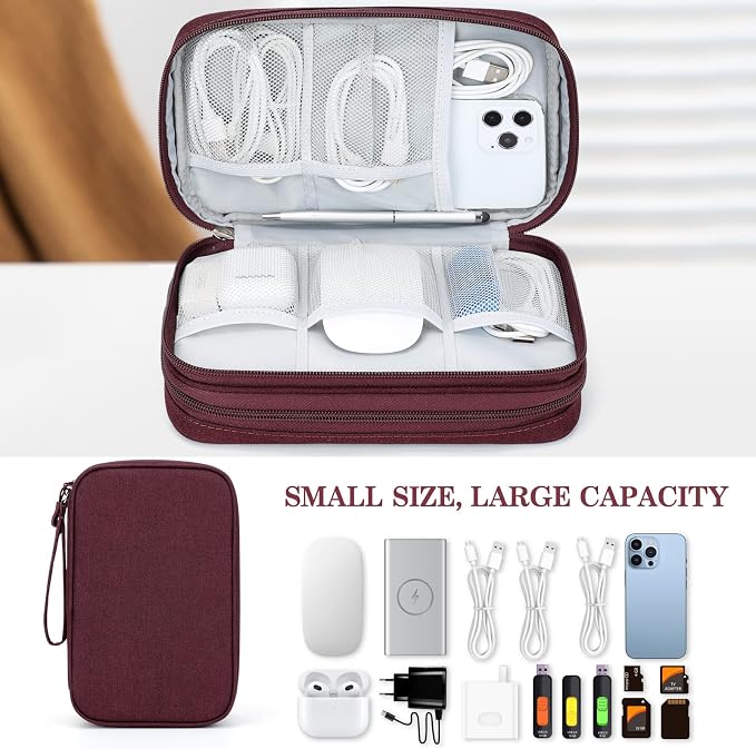 FYY Electronic Organizer, Travel Tech Pouch Bag, Large, Wine Red | Wrist Strap, Waterproof, Double Layers Portable Electronics Travel Carrying Case for Cord, Charger, Daily Business Trips Use - Image 6