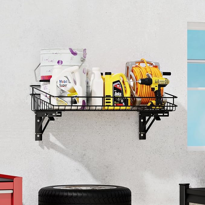 ULIBERMAGNET Large Folding Garage Shelf,Heavy Duty Wire Basket Storage Shelving,400LB Wall Mounted Storage DIY Folding Utility Racks for Garage, Office, Basement, Closet, Kitchen, Laundry - Image 5