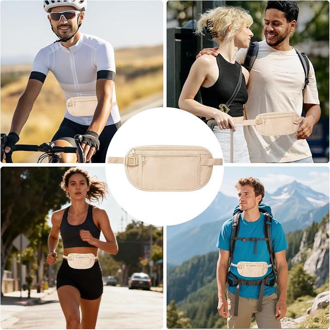 Money Belt for Travel with Anti-Theft RFID Blocking Cards Cover, Phone Wrist Strap, Passport Holder, Slim Waist Wallet Men Women, Money Pouch under Clothes for Travel, Running, Hiking, Beige - Image 7