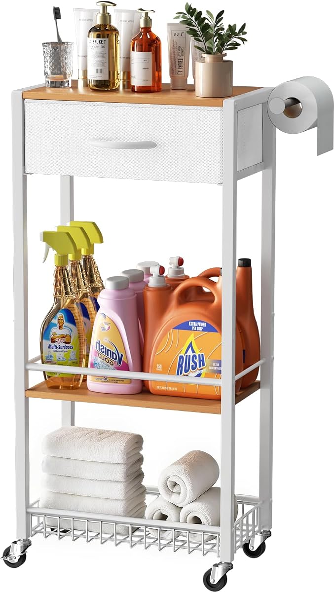 Lewondr 3-Tier Slim Storage Cart with Drawer, Rolling Utility Cart, White | Handle & Lockable Wheels, with Wood Top, Metal Frame, Kitchen Bathroom Laundry Room Organizer for Small Spaces - Image 9
