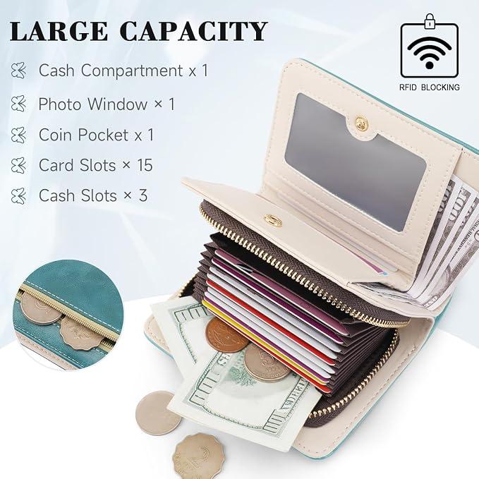 KITEVIUN Women RFID Blocking Small Bifold Wallet, Compact Cash Clutch with Zipper Coin Pocket, Glittery Butterfly Design, Credit Card Holder, Travel Purse with Tassel PEACOCK-BLUE - Image 4
