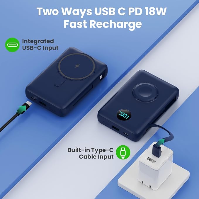 Magnetic Portable Charger 10800mAh with Built-in Cables,Wireless Power Bank for Magsafe,25W PD Fast Charging USB-C Travel Essentials Battery Pack for iPhone 17/16/15/14/13/12 Series,Apple Watch-Blue - Image 6