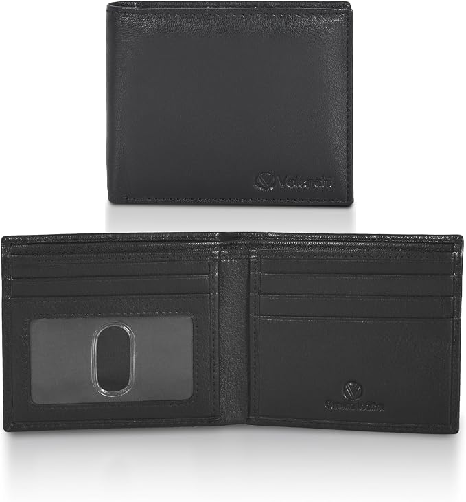 VALENCHI Genuine/Real Leather Bifold Wallet For Men - RFID Blocking/Protected Men's Slim Wallet - Christmas Gifts For Men (Black Nappa BF01) by VALENCHI