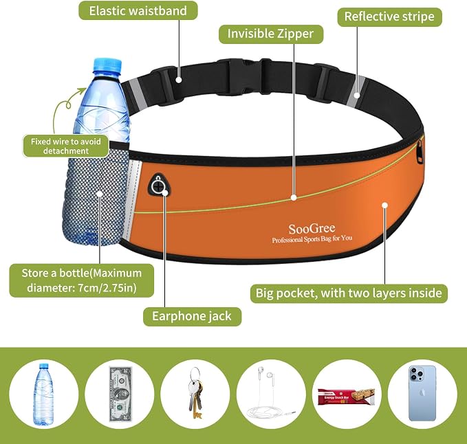 SooGree Slim Running Belt Fanny Packs for Women Men,Water Bottle Holder Hydration Fanny Pouch,Waterproof Sport Waist Pack with Reflective Strip,Runner Belt Bag for Running Cycling Camping Gym (Orange) - Image 4